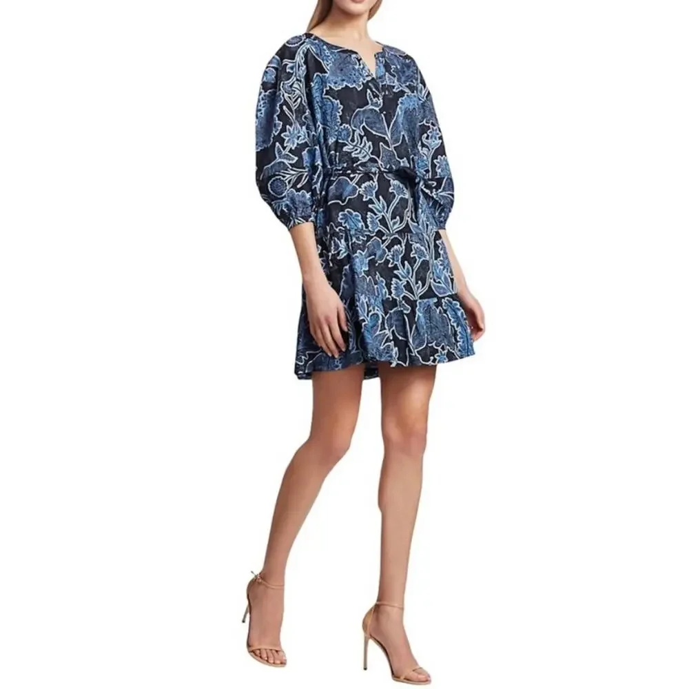 Parker Women’s Blue & Black Floral 3/4 Sleeve Mini Dress Size Small - Picture 3 of 9